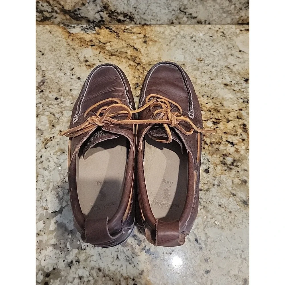 Polo Ralph Lauren Reegan Boat Shoe Men 10D Brown Leather Distressed Casual EUC